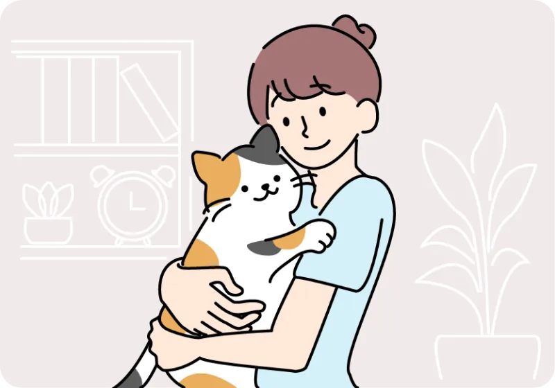 猫を抱きしめている女性のイラスト