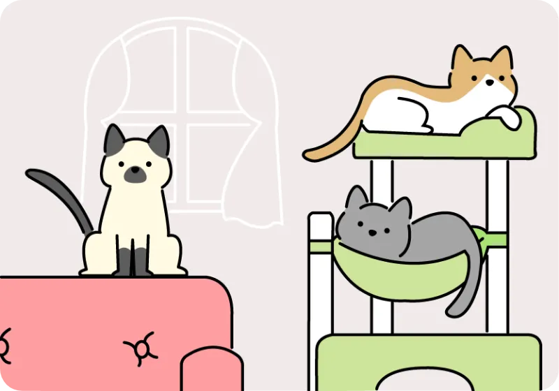 遊具に上ってリラックスしている3匹の猫のイラスト